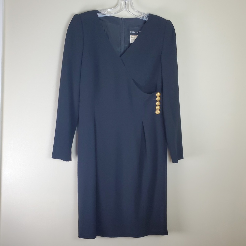 Rena Lange Classic Little Black Dress 38 6 Gold Duck Buttons Long Sleeve Wool
